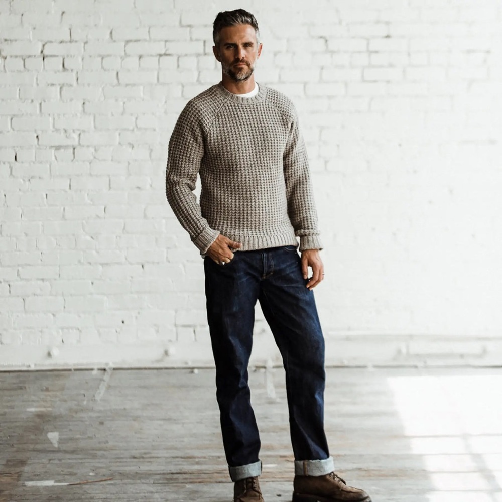 Taylor Stitch The Fisherman Sweater Natural Waffle Wool Beige Heavyweight Men L